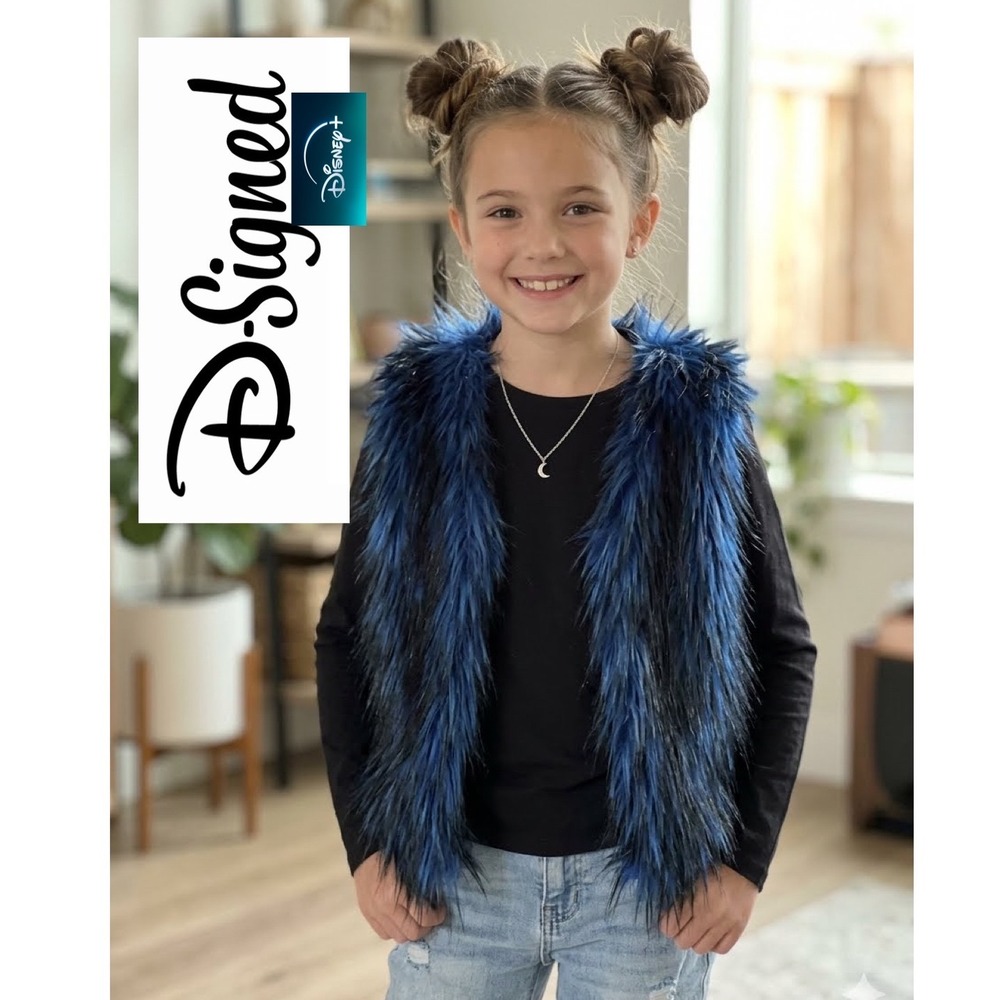 D-Signed Disney Girls Blue Black Faux Fur Ribbed Back Vest Size S 7/8 Baddiecore